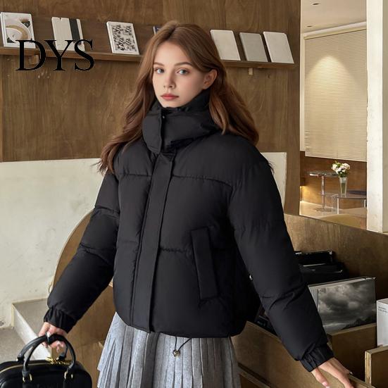 Short Cotton Jacket Winter Women Stand Collar with Hood Neck Protection Type Pockets Zipper Closure Padded Coat Solid Color Windproof Outwear Parka