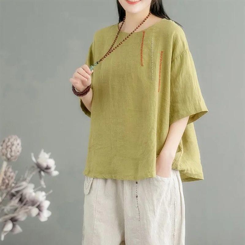Plus Size M-3XL Women T-shirt Summer Short-sleeved Blouse O Neck Loose Fashion Vintage Embroidered National Style  Female Tops