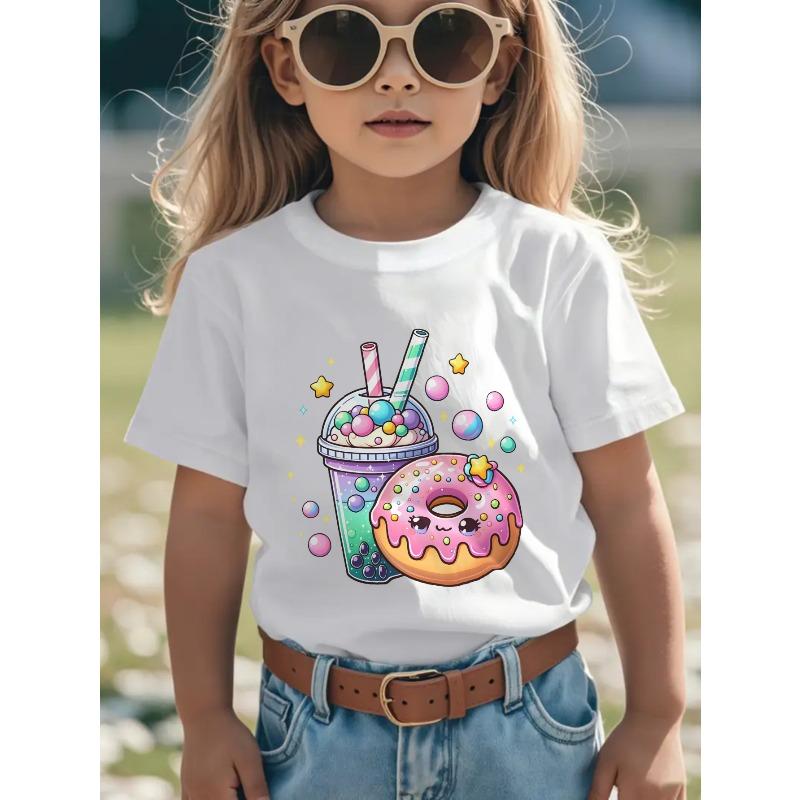 European Sizes Girls T Shirt Bubble Tea And Donut Cartoon Print Funny Printing T Shirt Best Gift for Kids Girls Breathable