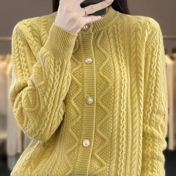 Women's Autumn and Winter Gentle Round Neck Fried Dough Twists Sweater Long Sleeve Knitting Casual Coat
