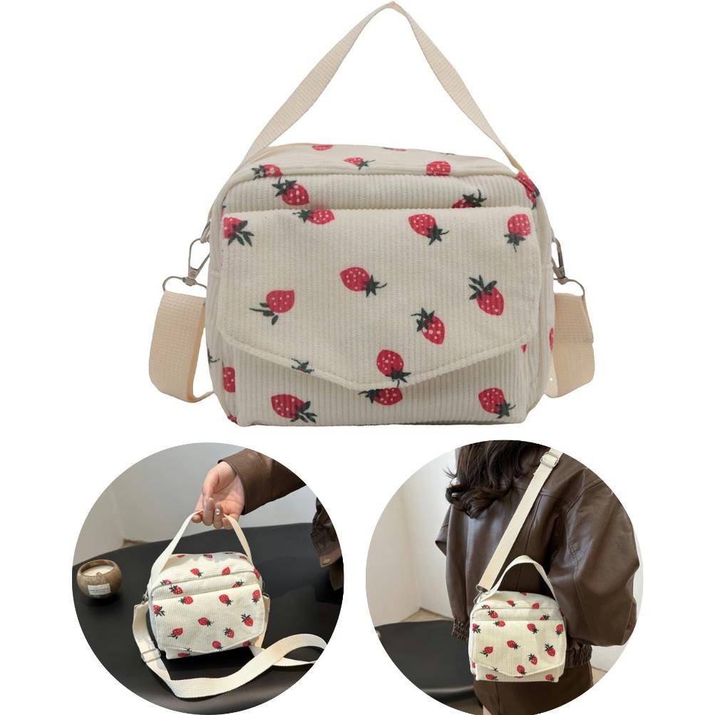 Cute Strawberry Trendy Crossbody Bag Corduroy Messenger Bag Casual Zipper Underarm Bag for Women Travel Work Shoulder Bag