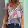 Summer Women's T-shirt Vintage Geometric Print Short Sleeve Tops Female Fashion Clothing V-Neck Oversized Pullover Daily Blouse