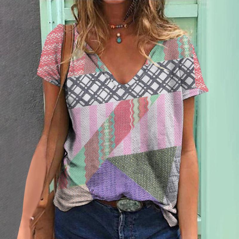 Summer Women's T-shirt Vintage Geometric Print Short Sleeve Tops Female Fashion Clothing V-Neck Oversized Pullover Daily Blouse