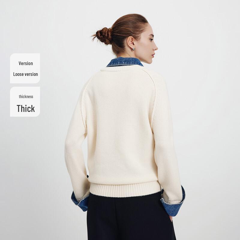 Navigare Women's Loose Wool Knit Sweater with Denim Splice