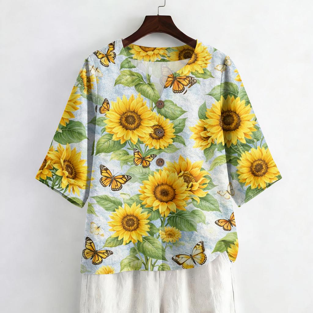 Women's Summer Fashion V-Neck 3/4 Sleeve Shirt Casual Loose-Fit Floral Print Top