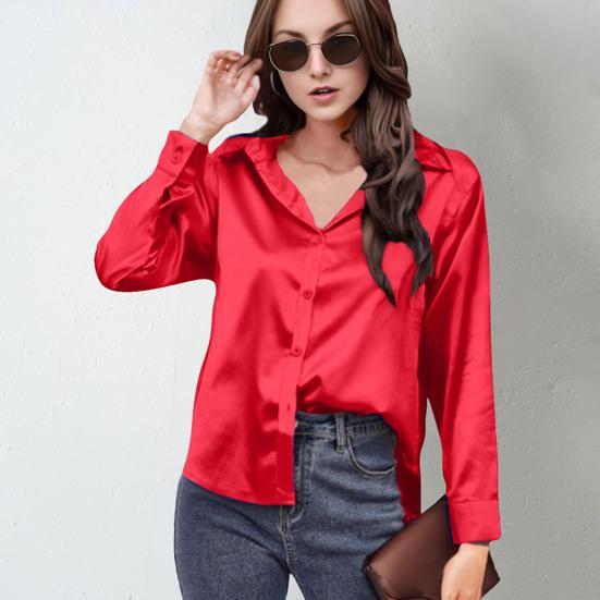 Women Shirt Lapel Long Sleeve Smooth Satin Shirt Tops Solid Color Loose Fit Casual Shirt Office Lady Shirt Daily Wear