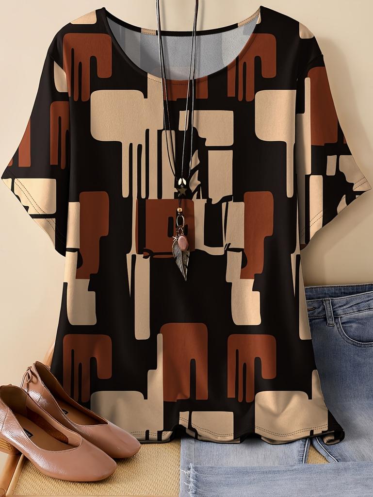 Women O-Neck T-Shirt Fashion Short Sleeves 3D Print Geometry Tops Casual Loose Korean-Style Fashion Street 2026 Summer Clothes