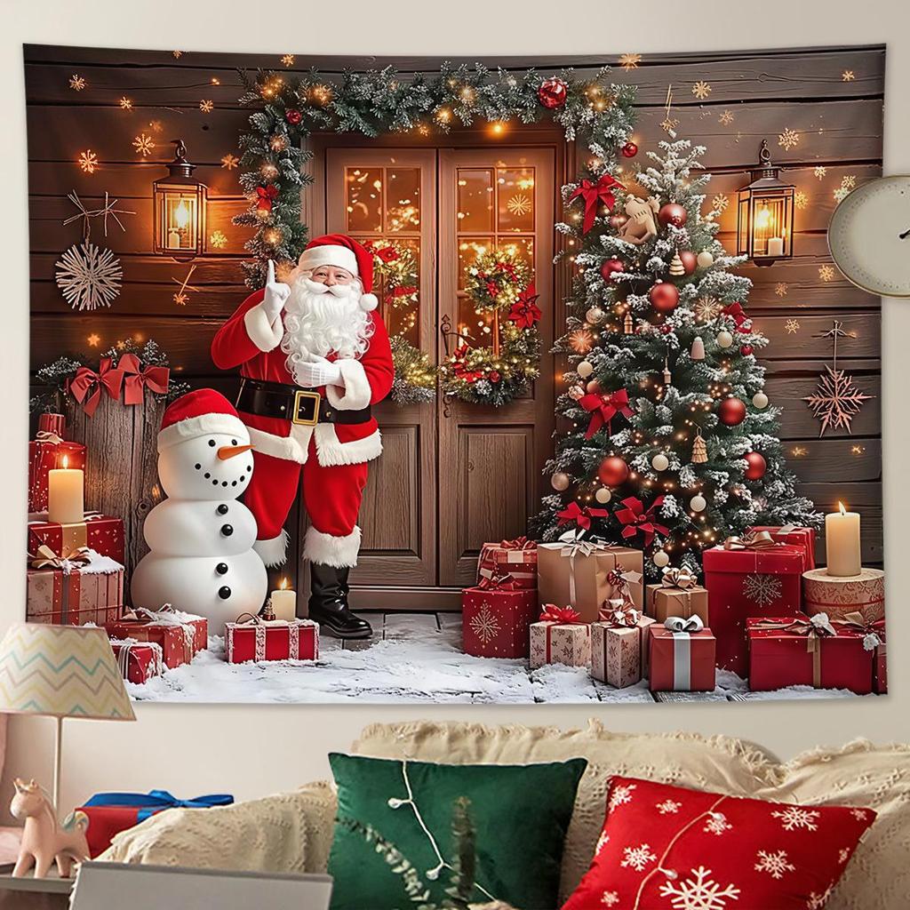Christmas Tapestry Fairy Lights Christmas Tree Snowy Window Scene Red Curtains Christmas Event Backdrop Background Cloth