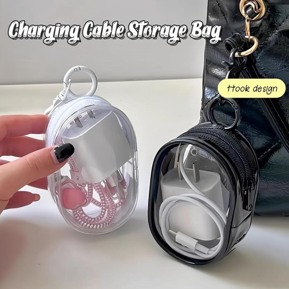 Charging Cable Storage Bag - Transparent Compact Organizer for Travel, Data Cables, Headphones & More | Mini Cord and Charger Organizer (A-Black)