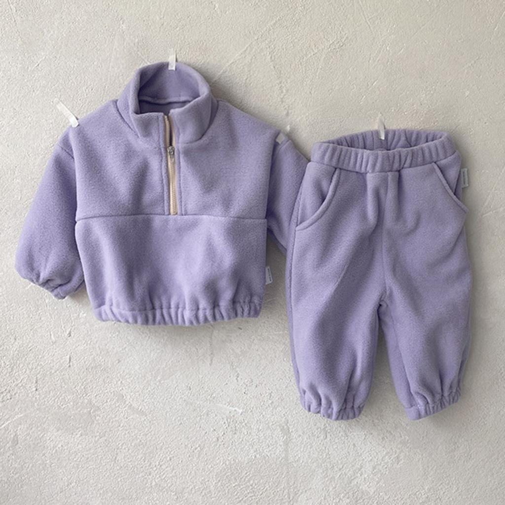 Boys And Girls Solid Color Double-sided Velvet Standing Collar Sports Set With Plush Outer Wear Two-piece Set