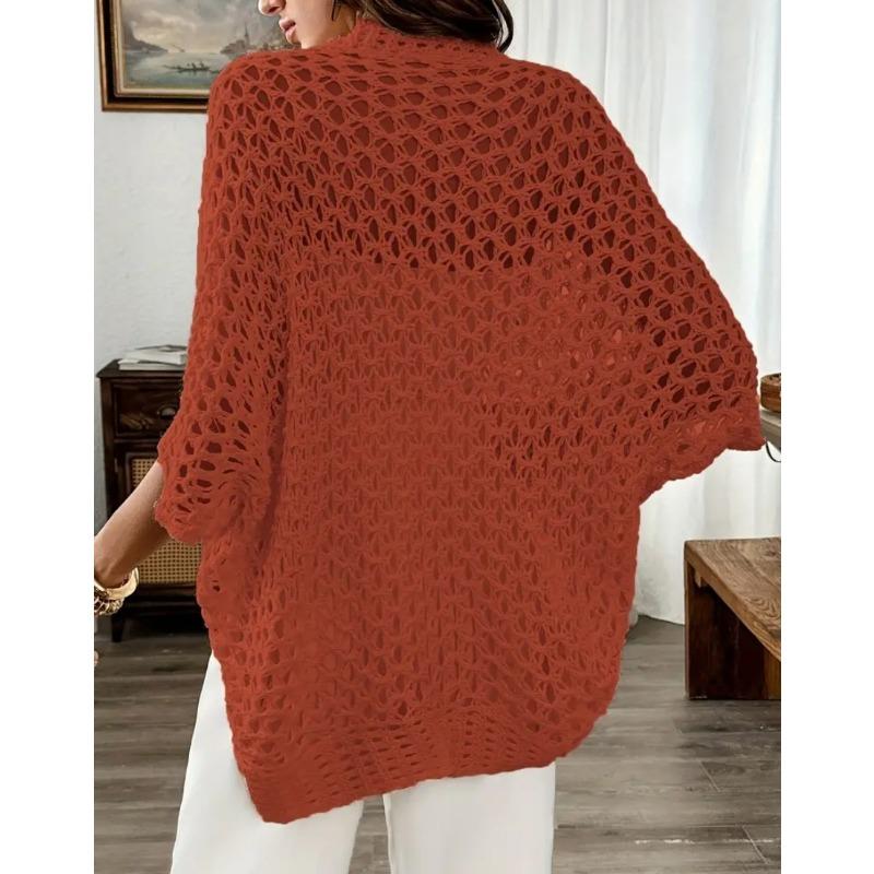 Cardigan casual da donna a maniche corte, lavorazione a maglia traforata, aperto sul davanti