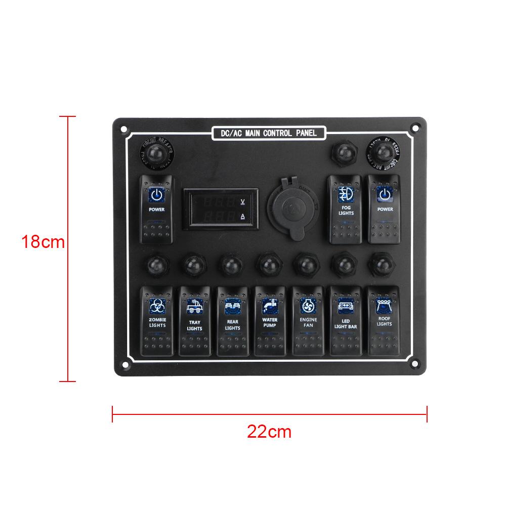 15A DC Output Rocker Switch Panel Overload Protection Dual Power Control Car Auto Marine LED AC/DC Waterproof 10 Gang