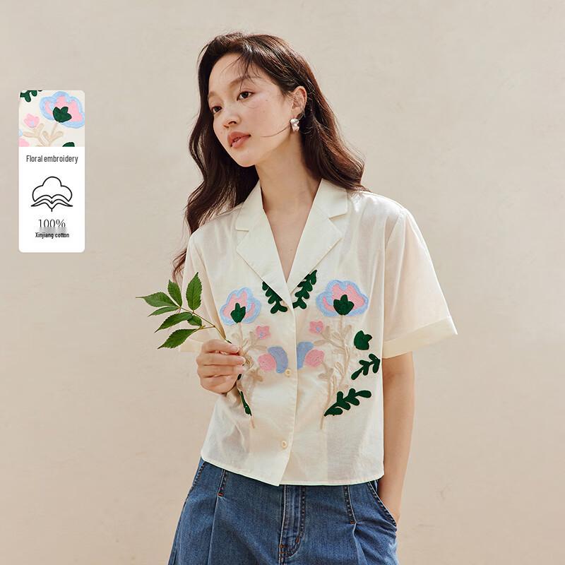 Women s Loose Fit Embroidered Cotton Lapel Shirt S