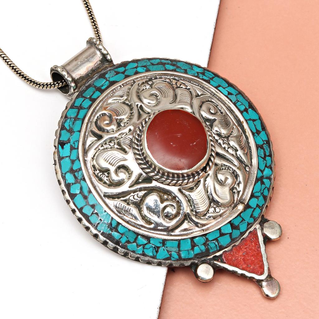 Handmade Tibetan Silver Gemstone Turquoise Red Coral Nepali Necklace Jewelry