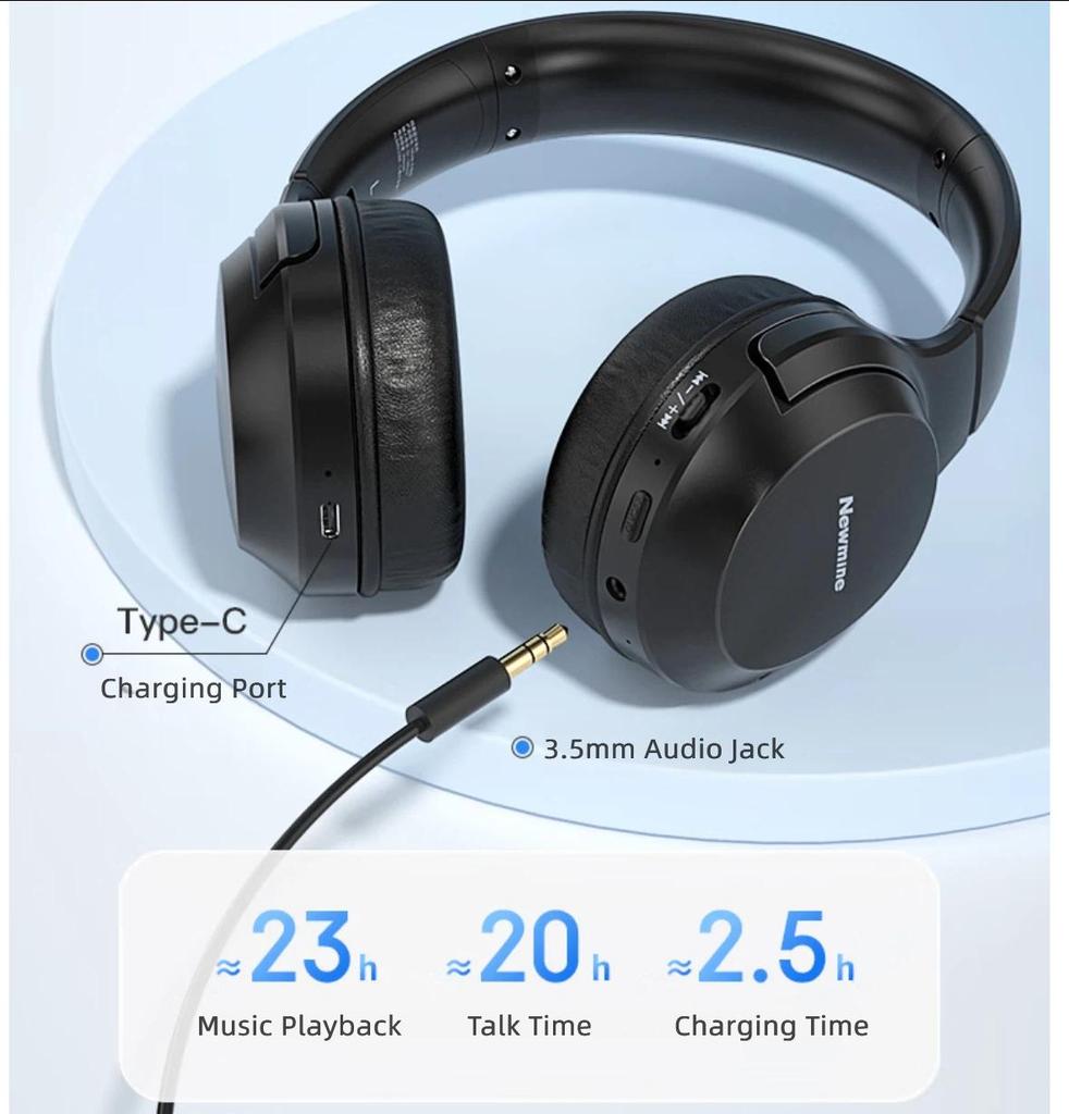 Newmine TB106 Headphones, Over-Ear Bluetooth Headphones, High-Quality Sound, Long Battery Life, Noise-Cancelling, Foldable, Pink