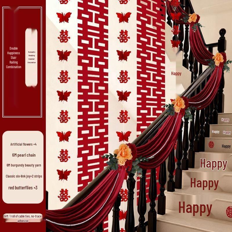 Double Happiness Stair Decor: Rustic Wedding Handrail & Wall Garland Set