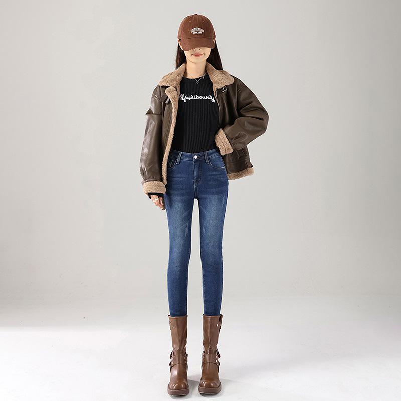 Plus Size Fleece-Lined High Waist Skinny Jeans for Women, Slim Fit Autumn Winter Pants