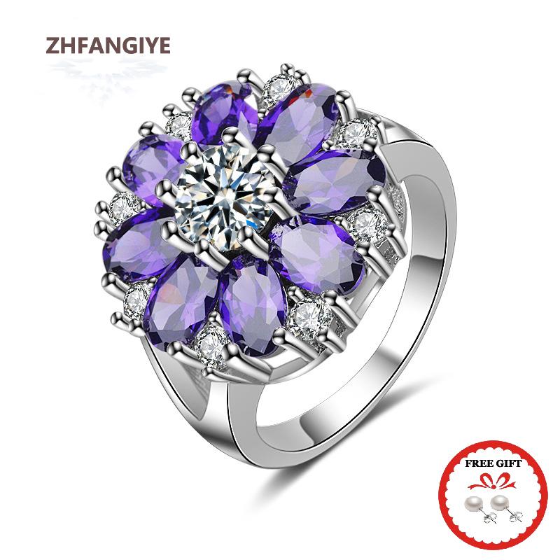 Trendy Rings CopperJewelry Ornaments Flower Shape Amethyst Zircon Gemstones Finger Ring Accessories for Women Wedding Party