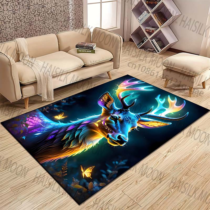 Dreamlike Glowing Deer with Butterflies Carpet for Living Room Bedroom Bedside Floor Mat Cloakroom Children Play Mat Area Rug