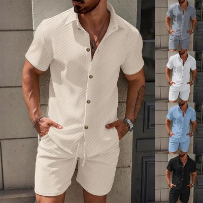 Men's Color Collared Cardigan Short-sleeve Shirt And Shorts Casual Set