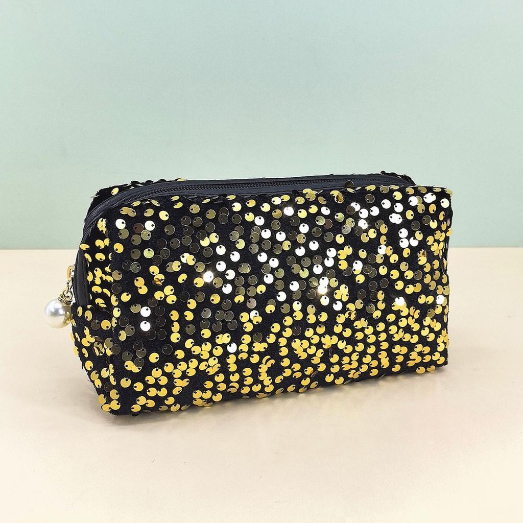 Velvet Sequin Makeup Bag With Large Capacity For Travel And Daily Use