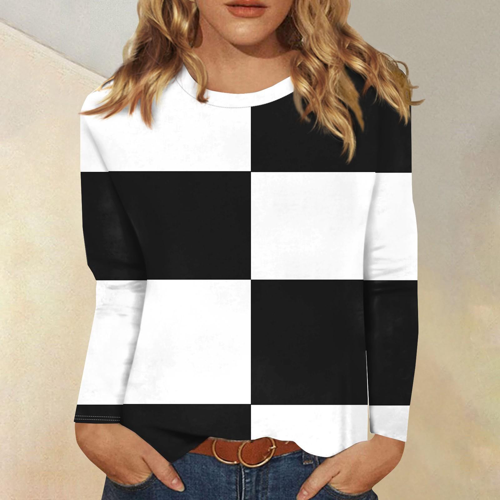 

Рубашки с длинным рукавом для женщин Милые футболки с графическим принтом Блузки Повседневные топы больших размеров Пуловеры Цветные блоки L чёрный