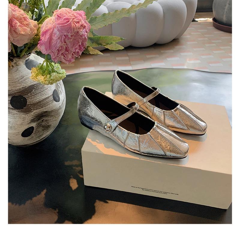 Sheepskin version~ inner height increase pleated leather silver single shoes women's ballet style platform Mary Jane ladyshoes ballet shoes