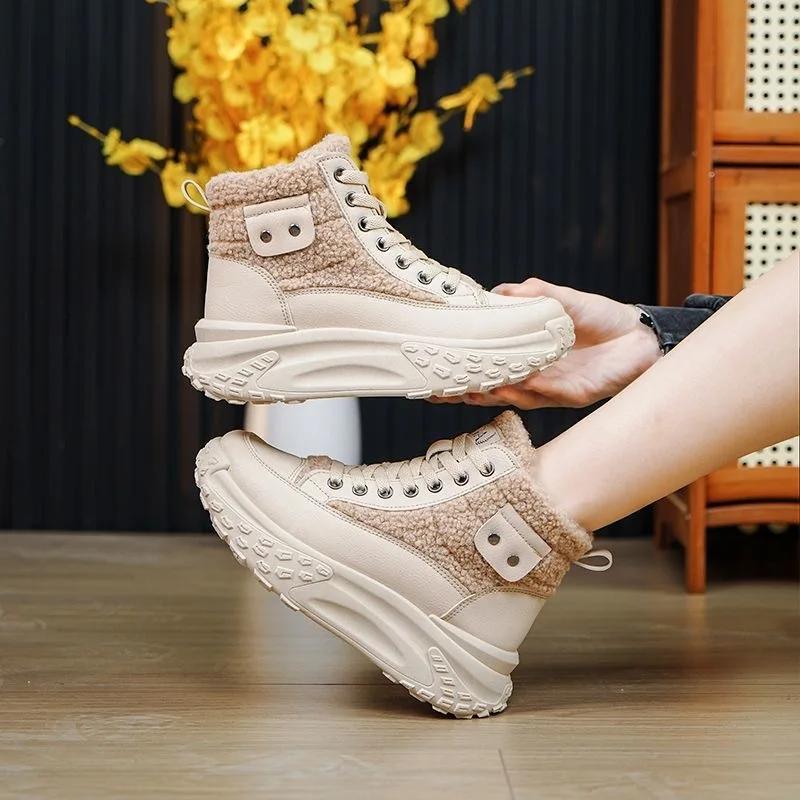 Women Snow Boots Winter High Top Plush Warm Cotton Shoes Thick Sole Height Increasing Anti Slip Outdoor Lace Up Ankle Boots
