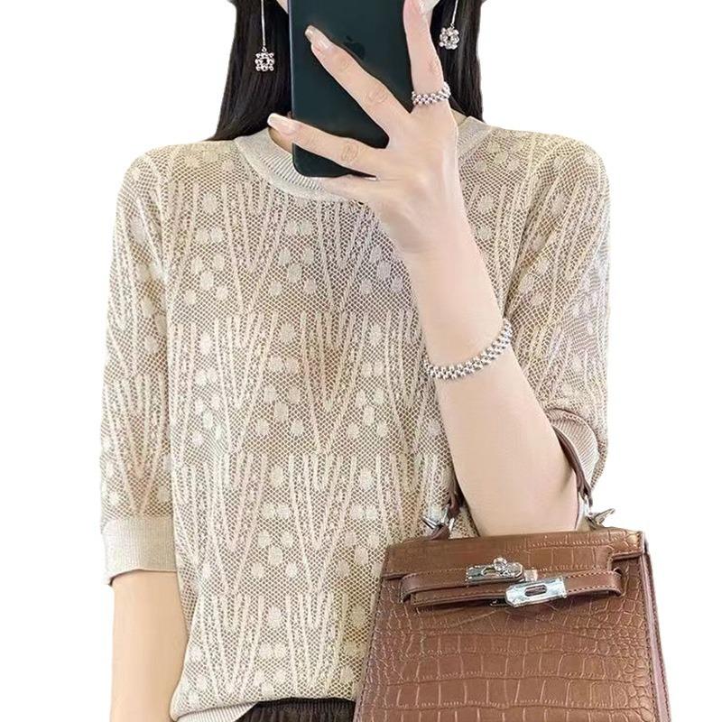 Summer Round Neck Pullover T-shirt Loose and Slimming Temperament Short Sleeved Knitted Shirt
