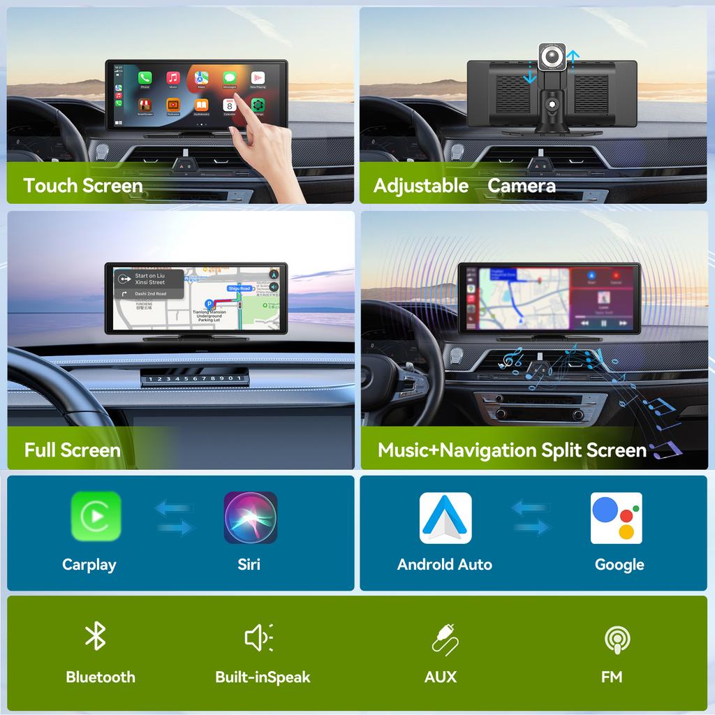 GPS Navigation for Car 10Inch Portable Wireless Carplay Android Auto Screen AR Stereo Audio Receiver Mirror Link