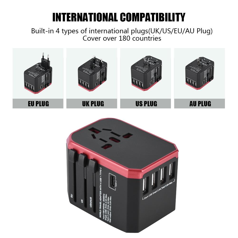 Universal Travel Adapter Plug 4 USB Ports Type C Sockets Converter for (Red)