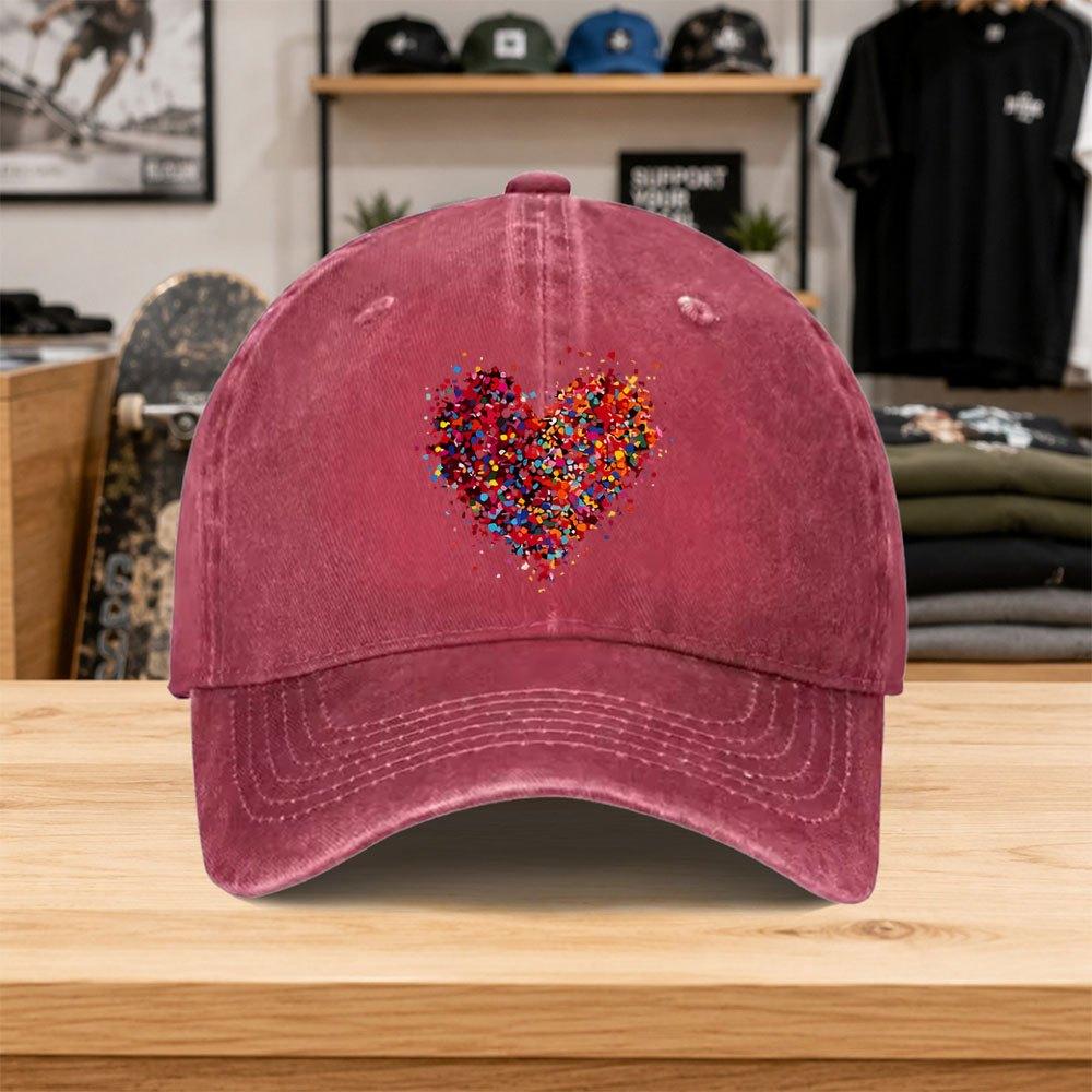 1pc New Colorful Heart Print Washed Baseball Cap Premium Versatile Outdoor Accessory Unisex Duckbill Cap Fashionable Trendy C