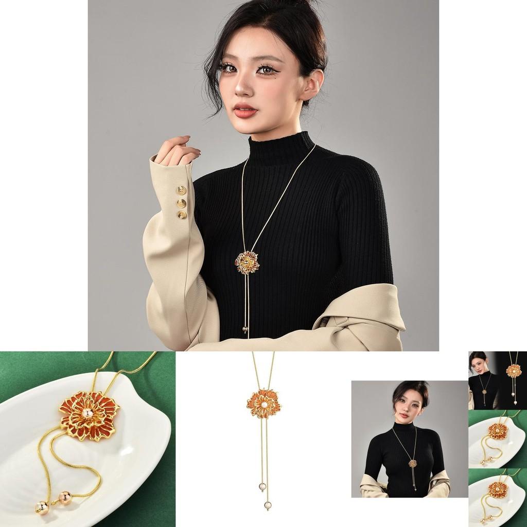 Elegant Rose Flower Long Necklace For Women With Hollow Floral Design And Stylish Appeal