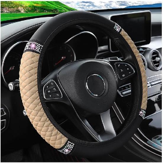 Bling Car Steering Wheel Cover, 15 Inch Rhinestones Soft Leather Elastic Steering Wheel Protector, Sparkly Crystal Diamond For Women Girls, Car
