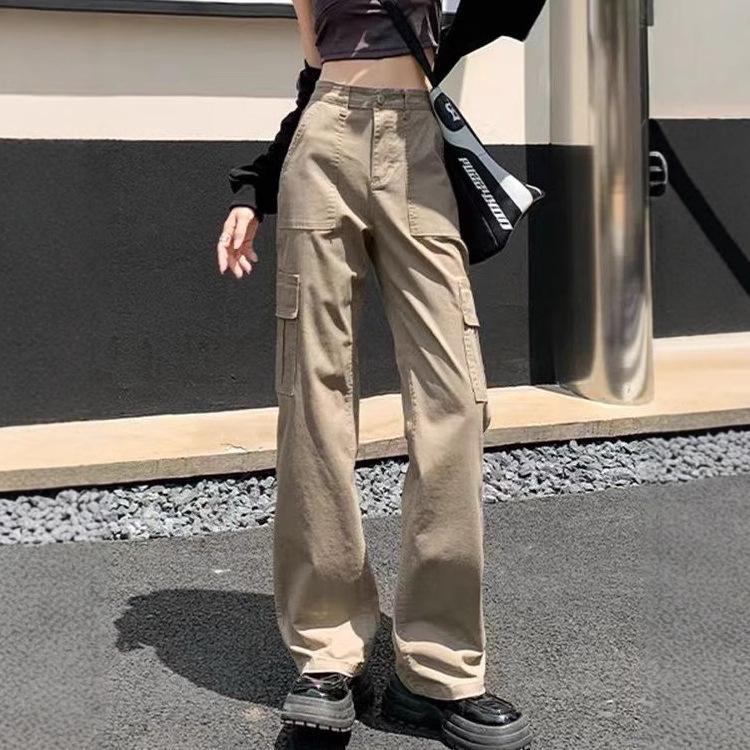 Khaki High-Waisted Slim Cargo Pants - Women's Spring/Summer Retro Straight-Leg Jeans