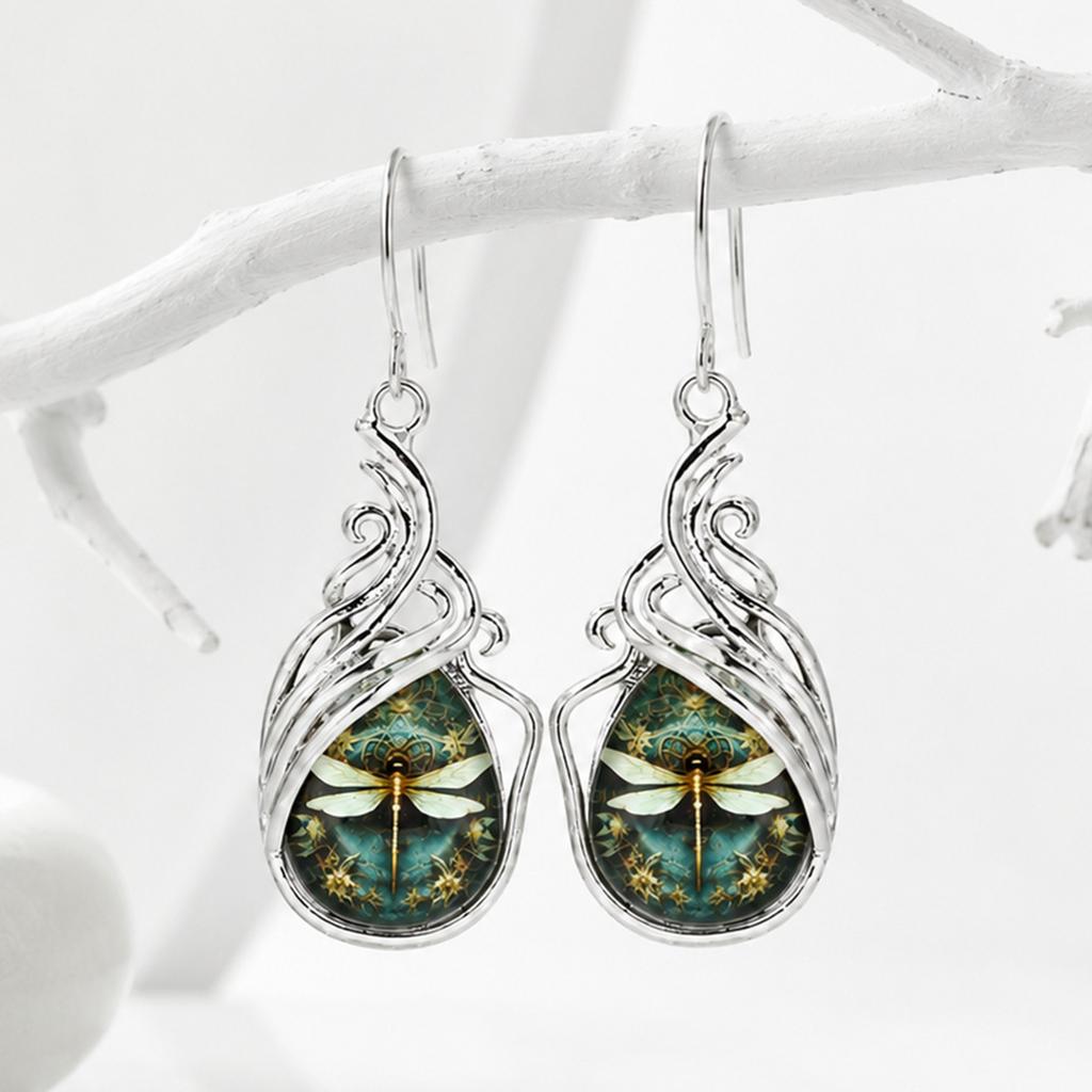 Elegant Boho Animal Female Green Stone Dragonfly Hoop Earrings Trendy Fashion Silver Color Wedding Jewelry for Women