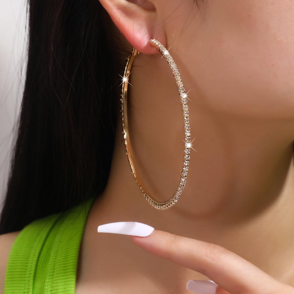 1 Pair Trendy Sparkly Rhinestone Hoop Earrings Metal 80mm Glitter Hoop Earrings Diamond Chunky Hoop Earrings Prom Event