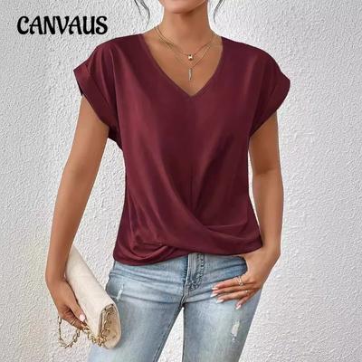 Women's New Spring and Summer Solid Colour V-neck T-shirt Elegant Short-sleeved Tops