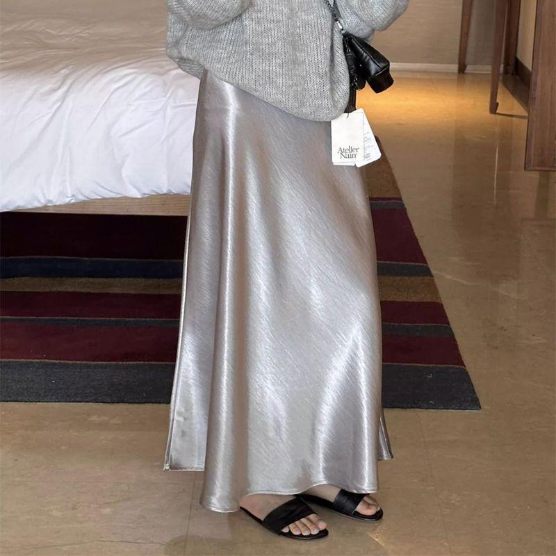 25 Spring and Summer New Vertical and Smooth Silky Glossy Satin Slimming Oblique Cutting A Word Sheath Fishtail Skirt Women