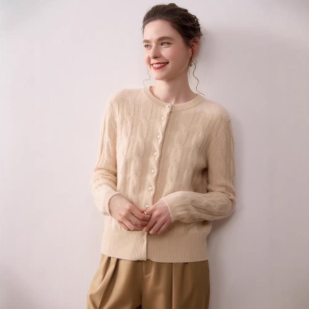 Women's Cashmere Cable Knit Cardigan: Soft, Thick, Round Neck, Single-Breasted, Solid Color - Perfect for Autumn and Winter.
