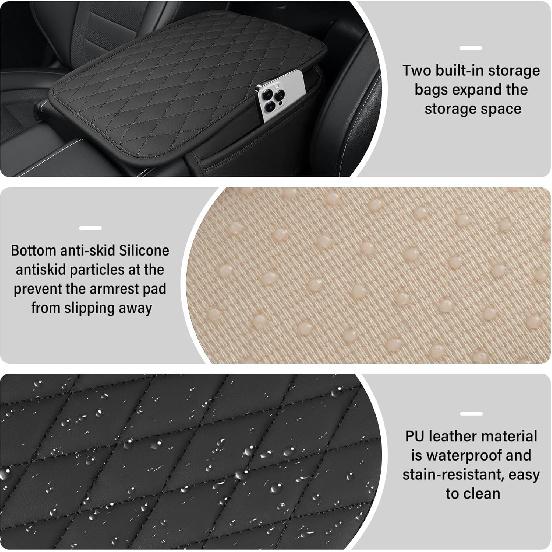 Amiss Car Center Console cover,Upgraded Leather Car Armrest pad,Belt 2 A Storage pocket,Universal Waterproof pad,Anti-slip Car Interior