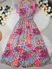 Women Sweet Floral Print Flutter Short Sleeve V Neck A Line Long Vacation Dress