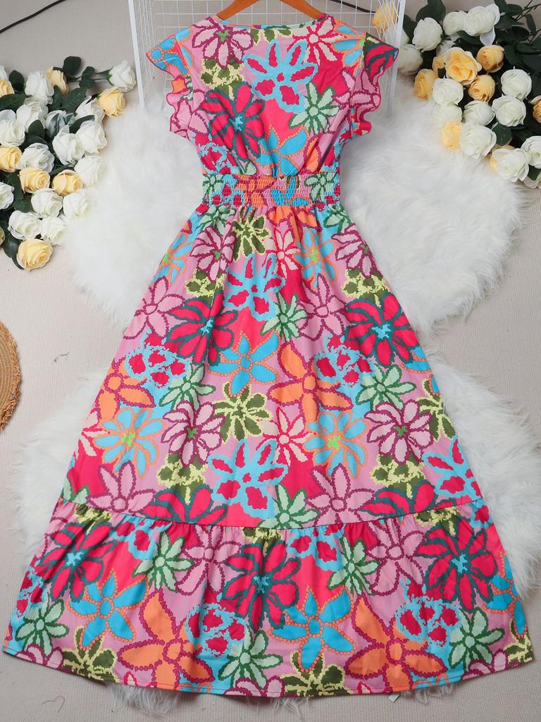Women Sweet Floral Print Flutter Short Sleeve V Neck A Line Long Vacation Dress
