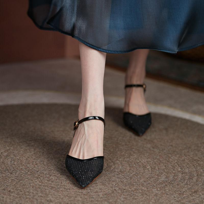 Mesh sandals fairy fairy wind bag head empty niche shoes summer new thin heel one-word buckle pointed high heels