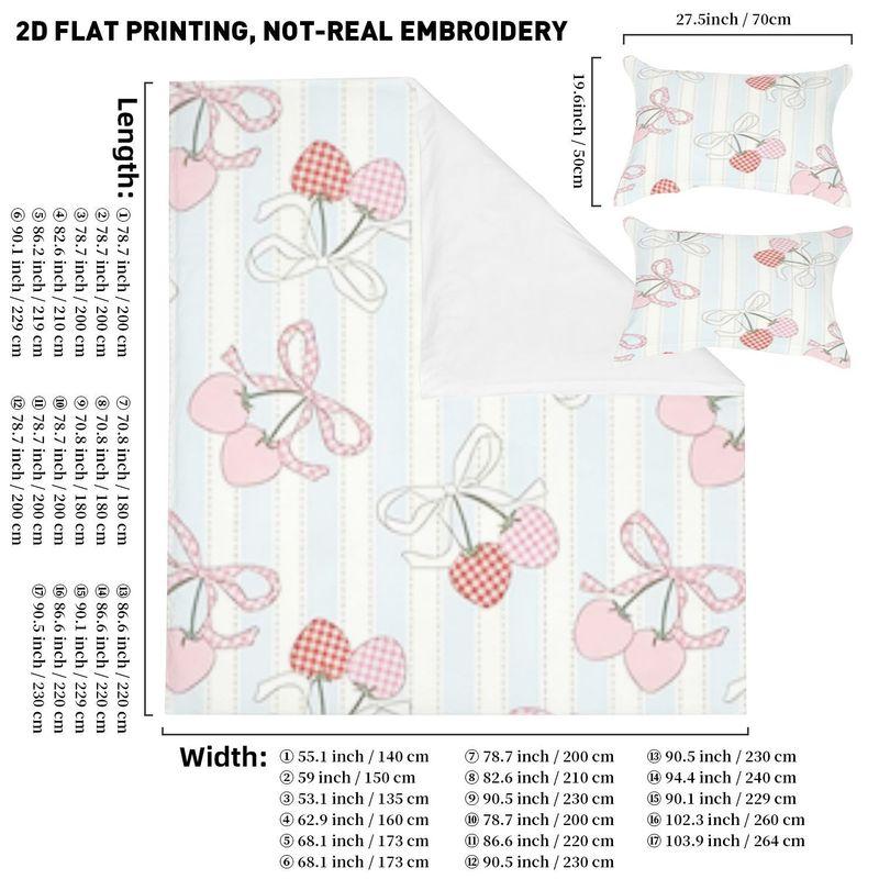 3Pcs Duvet Cover,Pillowcase,Vertical Striped Background,Light Blue,White,Yellow Dots,Pink,Red,Check,Heart,Cherry Pattern 140cmx200cm