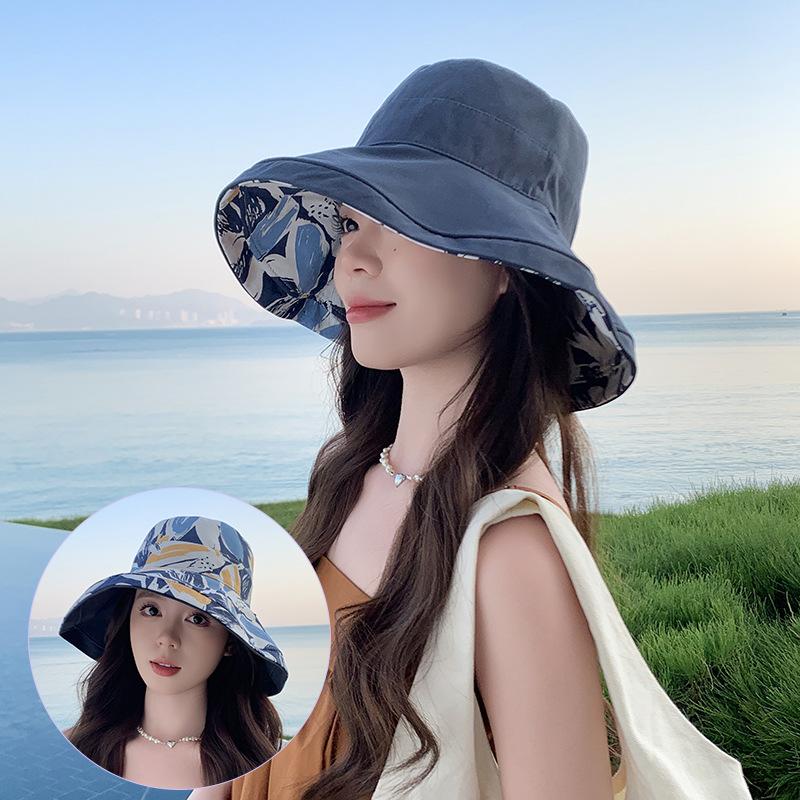 Double-sided fisherman's hat, children's outdoor sunscreen hat, European and American summer cotton large edge printing pot hat, casual sun hat