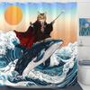 Galactic Cat Astronaut Waterproof Shower Curtain - Space Adventure with Dinosaur Ride for a Fun and Quirky Bathroom Decor