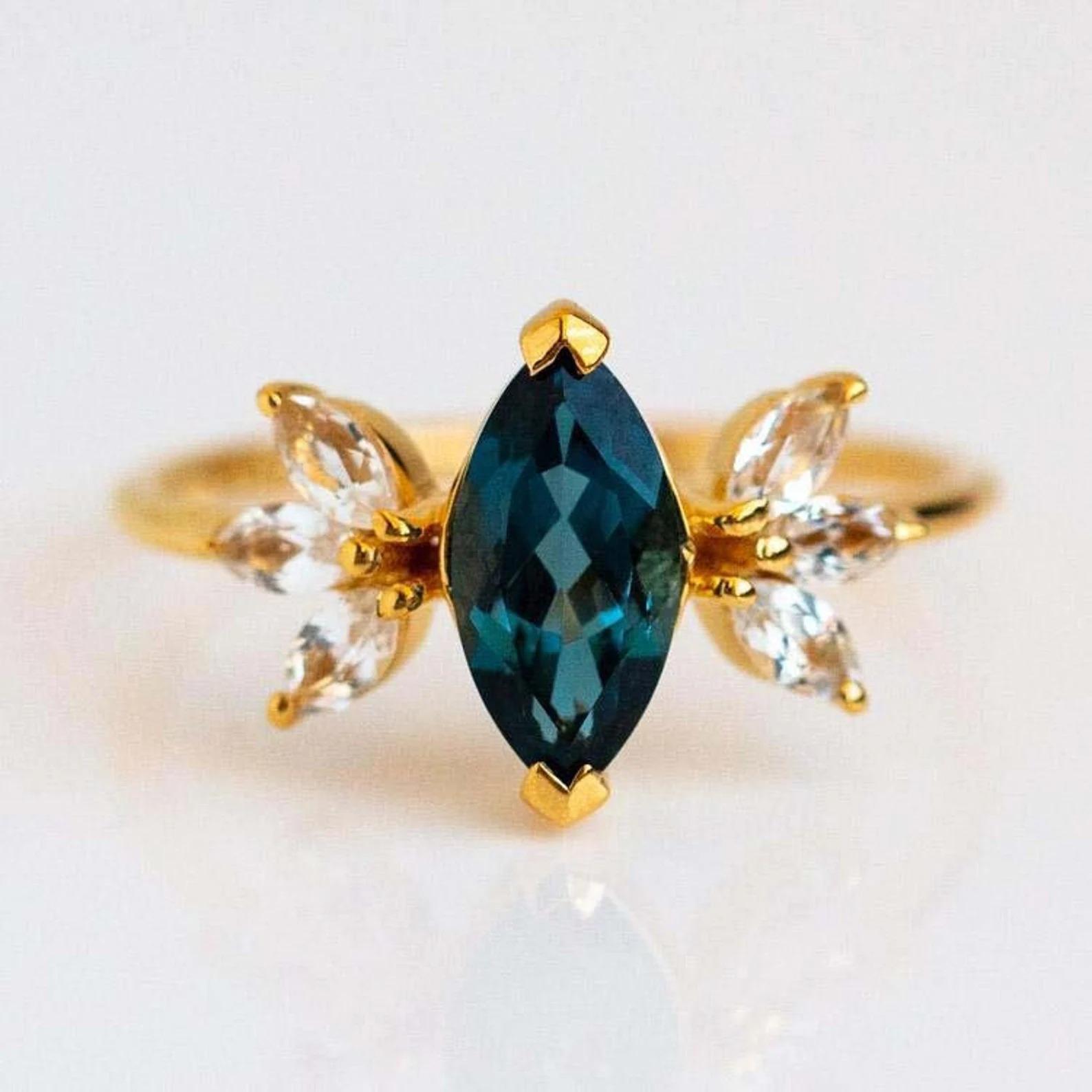 

Marquise Cut Teal Green Sapphire Gemstone Ring – Gold Plated Leaf Design Engagement Ring, Vintage Anniversary Jewelry Gift for Women K