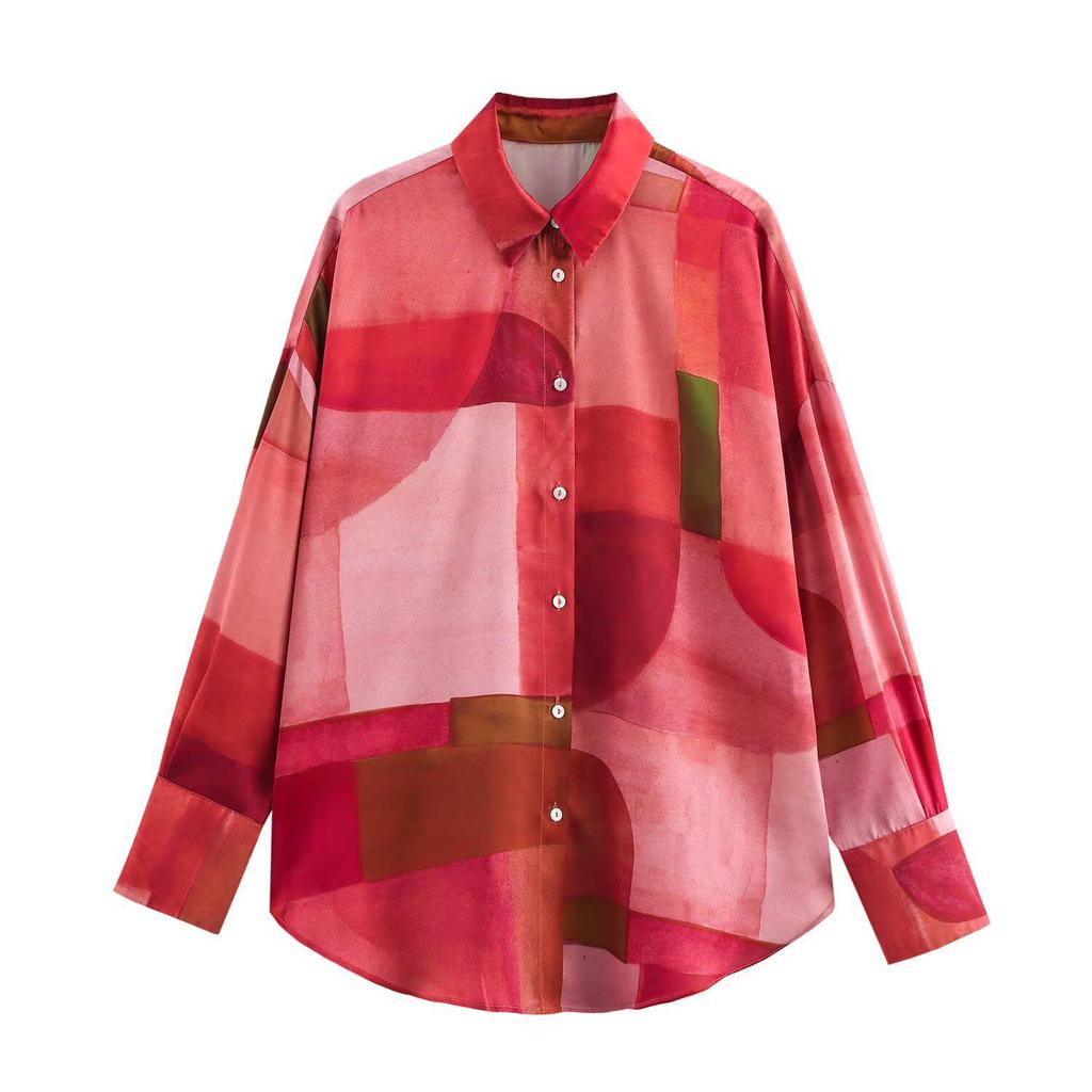2025 Spring Women's Geometric Silk Satin Long Sleeve Shirt