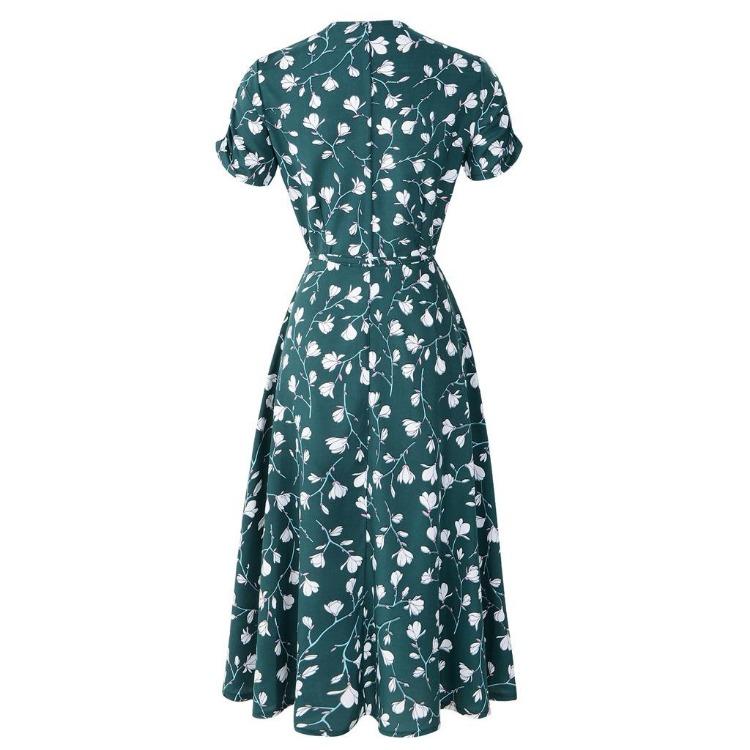 Bohemian Beach Dress Women Chiffon V Neck Short Sleeve High Waist Big Hem Spring Summer Print Sizes S to XXL